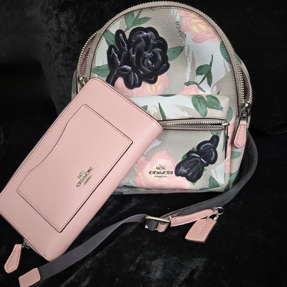 Coach Pink and Black Floral Backpack